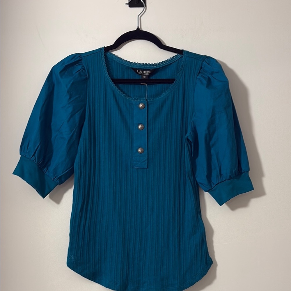 Ralph Lauren Blue Puff Sleeve Ribbed Blouse